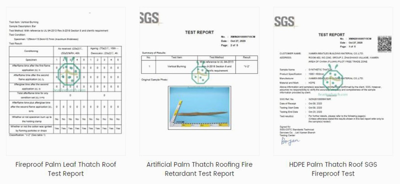 Relatório de teste de retardante de fogo para telhado de palma sintética