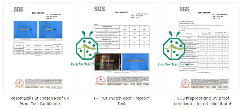 Relatório de teste retardante de uv sgs de produtos de telhado de palha sintética de hotel de praia