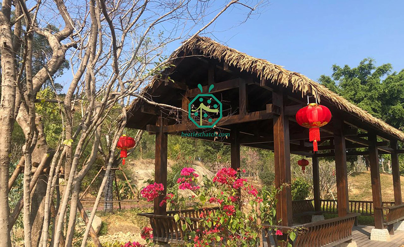 Thatched roof palapa buildings for outdoor entertainment facilities