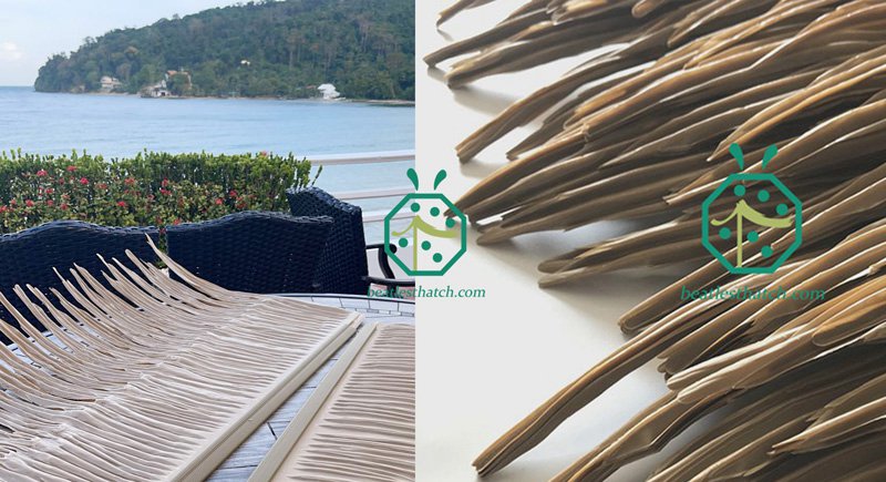 Cobertura de telhado de palha de palmeira HDPE de plástico para bangalô à beira-mar em hotel resort tropical
