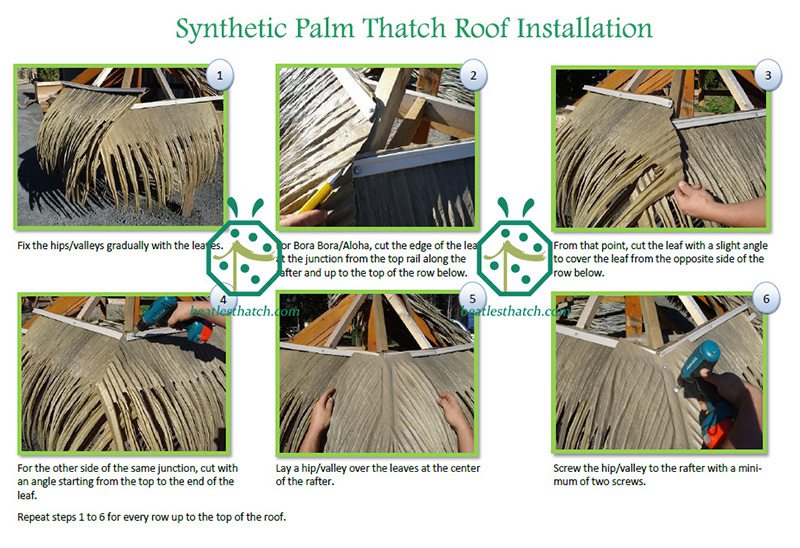 Etapas de instalação para painéis de telhado de palha de folha de palmeira sintética