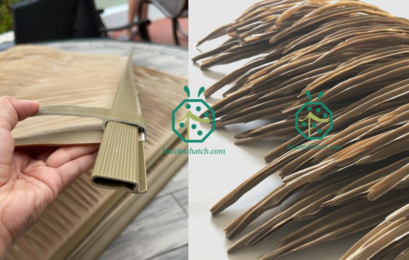 Synthetic palm thatch roofing to be assembled with windproof clips