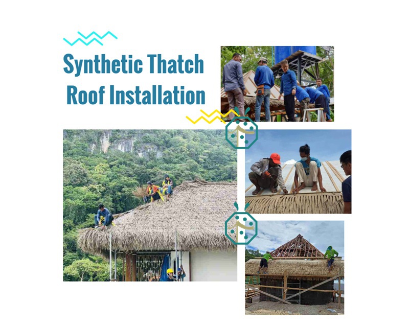Residential or commercial fake thatch roof shingles installation for gazebo, cottage, palapa, tiki hut, or resort overwater villa room Residential or commercial fake thatch roof shingles installation for gazebo, cottage, palapa, tiki hut, or resort overwater villa room