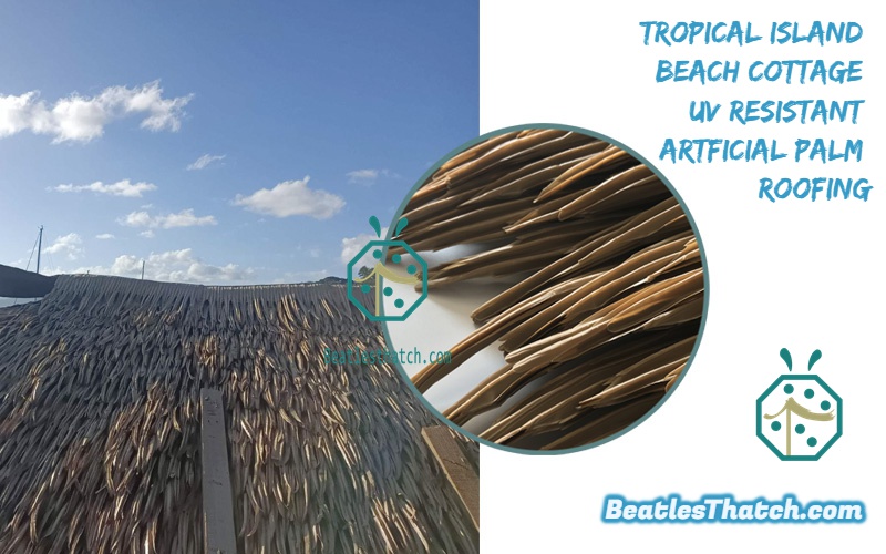 Synthetic palm thatch roof materials for tiki hut, palapa in beach area Synthetic palm thatch roof materials for tiki hut, palapa in beach area