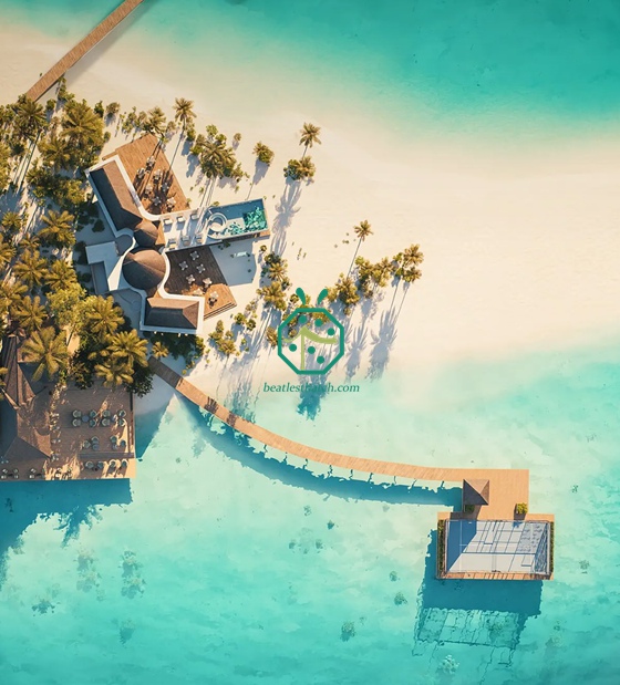 Decoração de telhado imitando palha de Cadjan para pavilhão de chegada nas Maldivas.