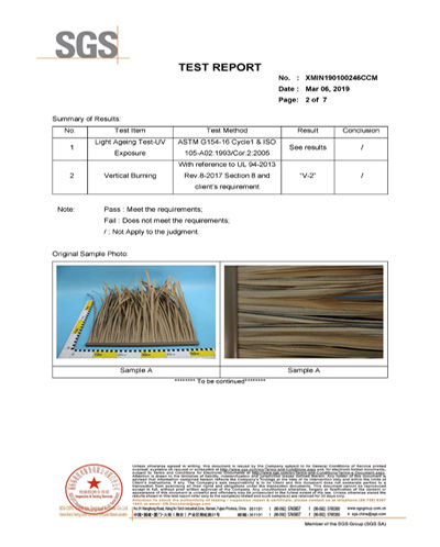 telhado de palha sintético uv e certificado de teste de queima sgs